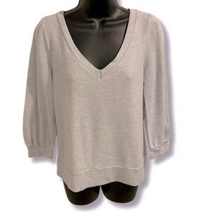 THE VANITY ROOM Knit V-Neck Top Puffed Shoulders 3/4 Sleeves Light Pale Gray